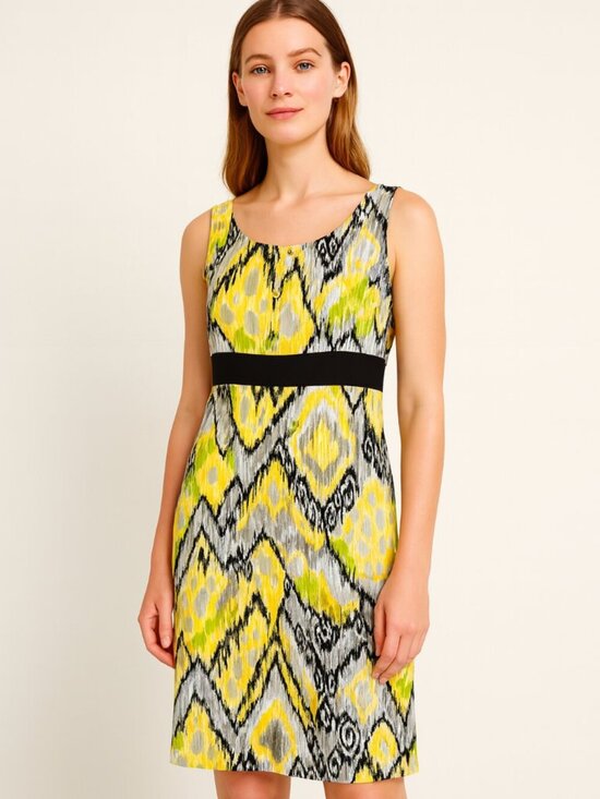 Dressbarn Sleeveless Sheath Dress Black Yellow Ikat Print Size 18W - Picture 1 of 12